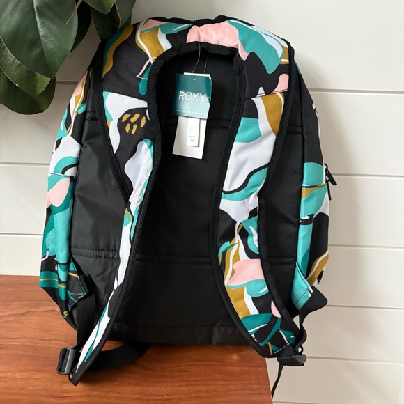 New Roxy Here You Are 24L Medium Backpack Black Floral Striped Laptop Pocket - Picture 4 of 8